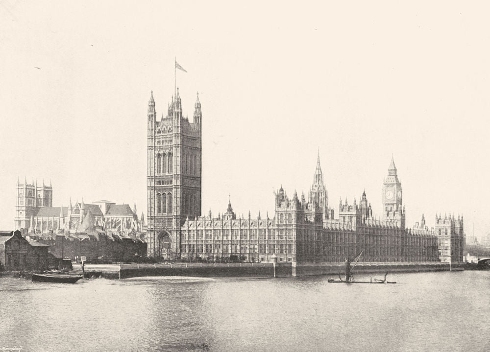 LONDON. Houses of Parliament- river. Westminster Abbey 1896 old antique print